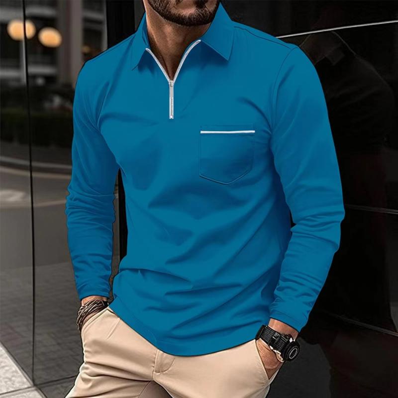 H&L Men's Solid Zipper Lapel Breast Pocket Long Sleeve Polo Shirt