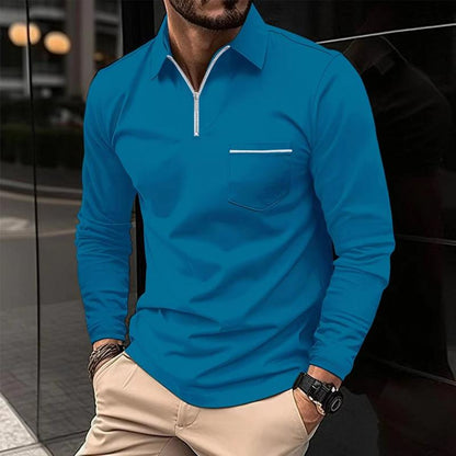 H&L Men's Solid Zipper Lapel Breast Pocket Long Sleeve Polo Shirt
