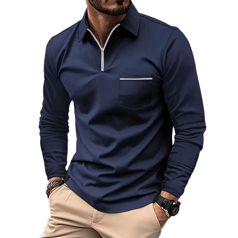 H&L Men's Solid Zipper Lapel Breast Pocket Long Sleeve Polo Shirt