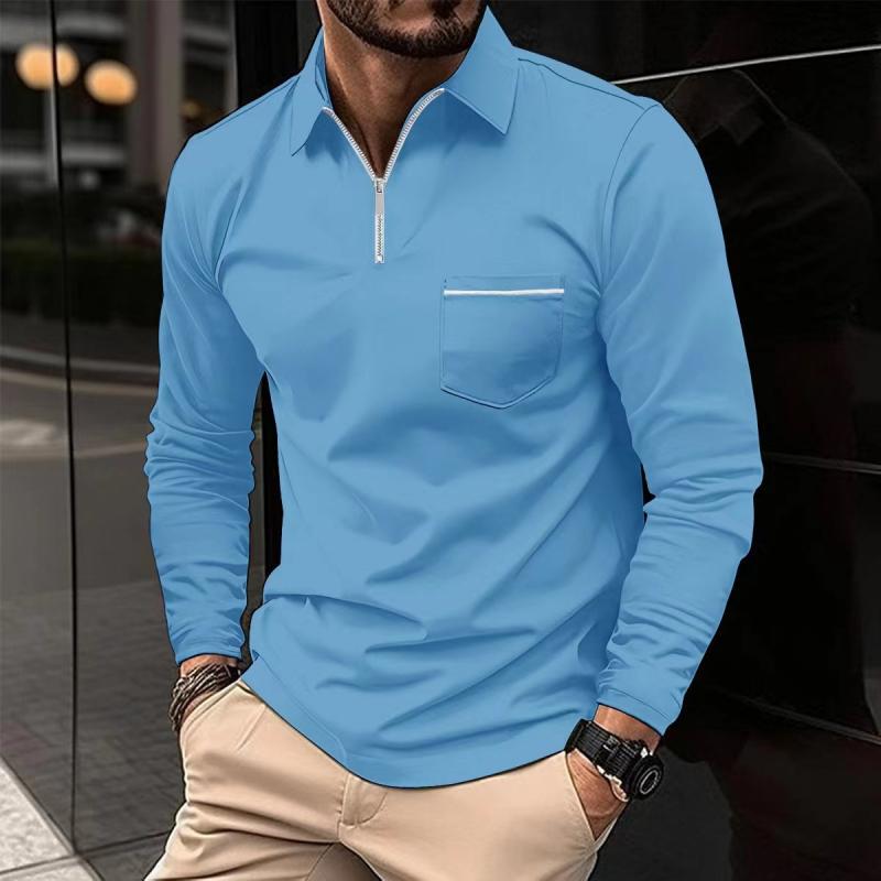 H&L Men's Solid Zipper Lapel Breast Pocket Long Sleeve Polo Shirt