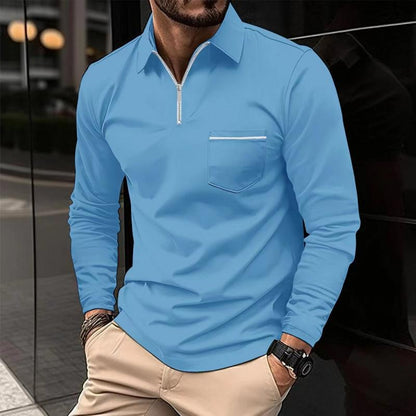 H&L Men's Solid Zipper Lapel Breast Pocket Long Sleeve Polo Shirt