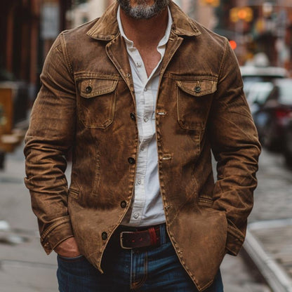 H&L Men's Vintage Heavy Washed Leather Lapel Single Breasted Multi-Pocket Work Jacket