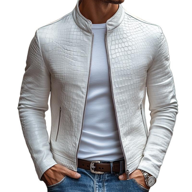 H&L Men's Fashion Stone Pattern Stand Collar Zipper Slim Fit Leather Jacket