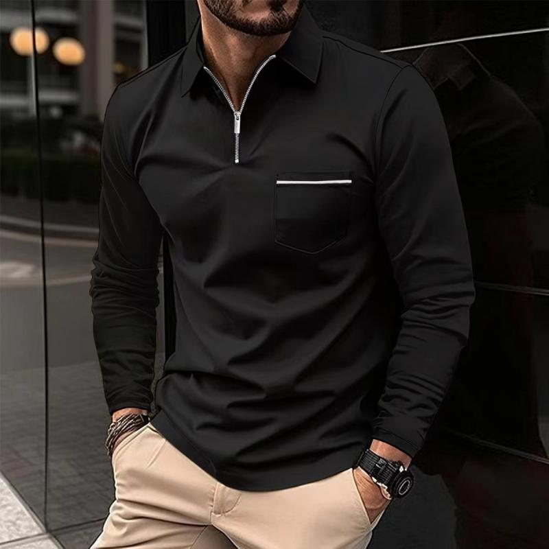 H&L Men's Solid Zipper Lapel Breast Pocket Long Sleeve Polo Shirt