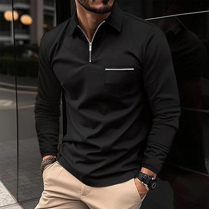 H&L Men's Solid Zipper Lapel Breast Pocket Long Sleeve Polo Shirt
