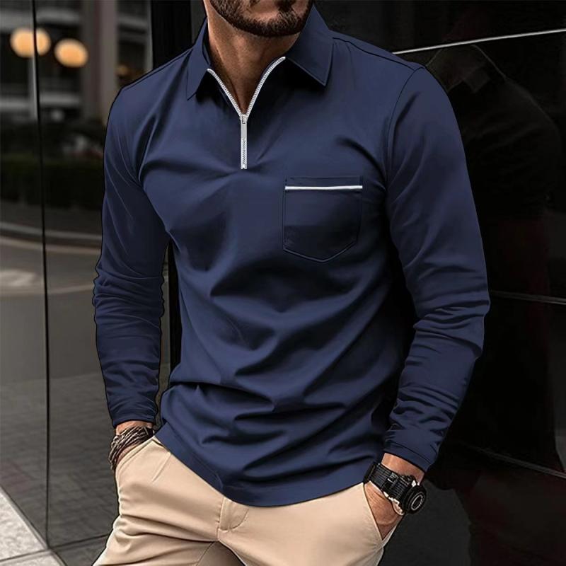 H&L Men's Solid Zipper Lapel Breast Pocket Long Sleeve Polo Shirt