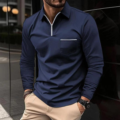 H&L Men's Solid Zipper Lapel Breast Pocket Long Sleeve Polo Shirt