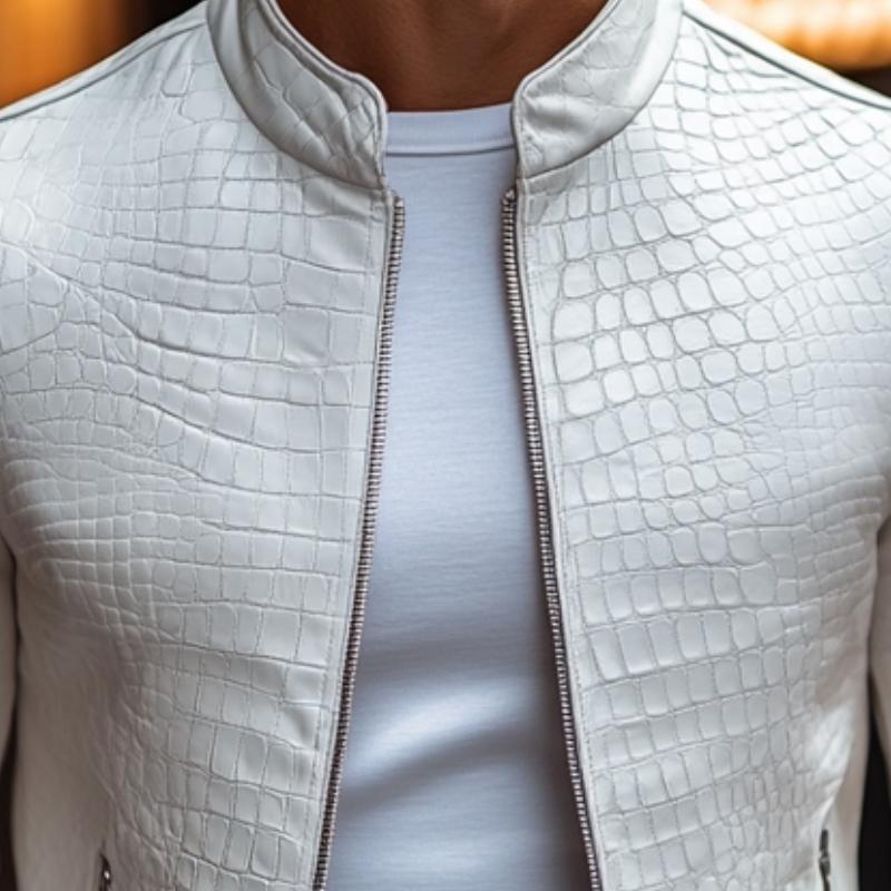 H&L Men's Fashion Stone Pattern Stand Collar Zipper Slim Fit Leather Jacket