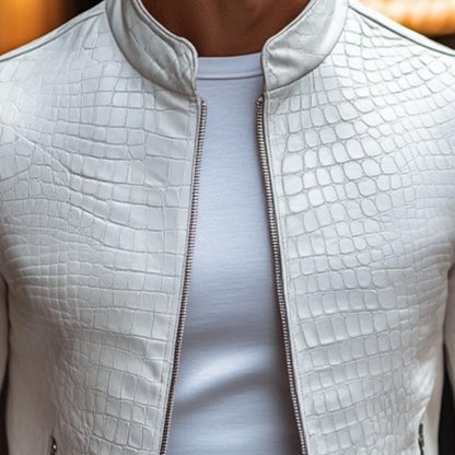 H&L Men's Fashion Stone Pattern Stand Collar Zipper Slim Fit Leather Jacket