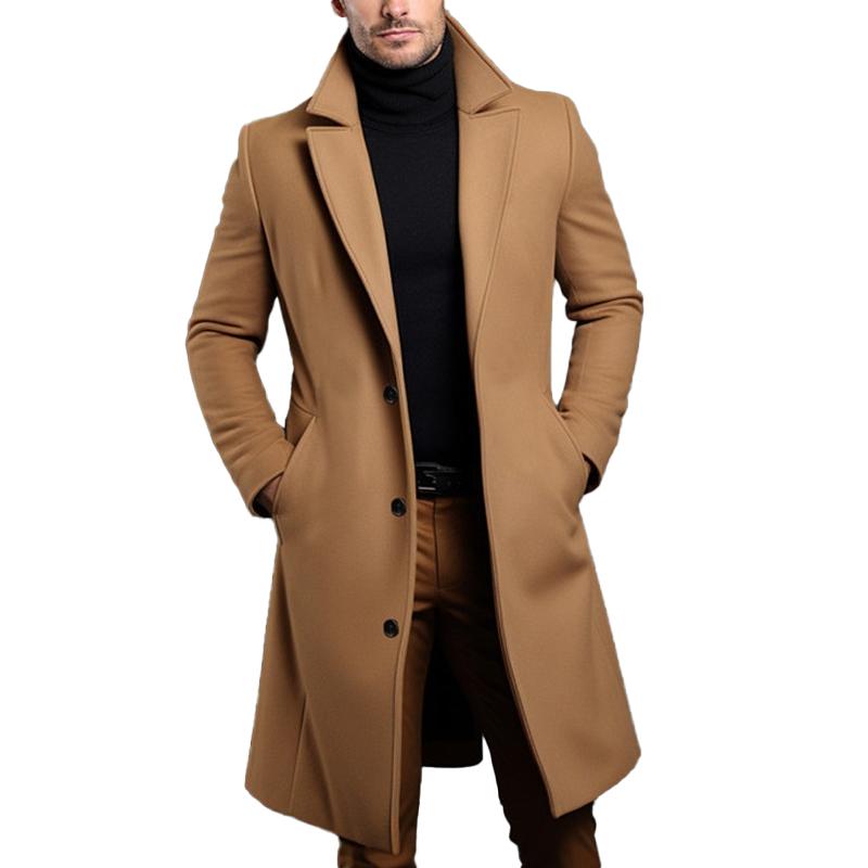 H&L Men's Solid Notch Lapel Single-breasted Mid-length Coat