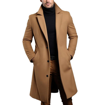 H&L Men's Solid Notch Lapel Single-breasted Mid-length Coat