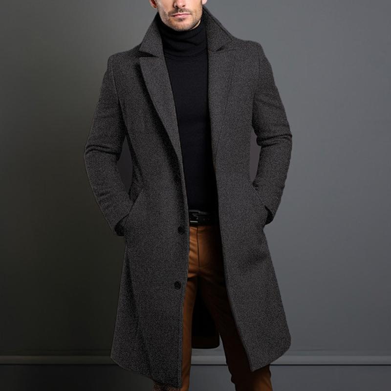 H&L Men's Solid Notch Lapel Single-breasted Mid-length Coat