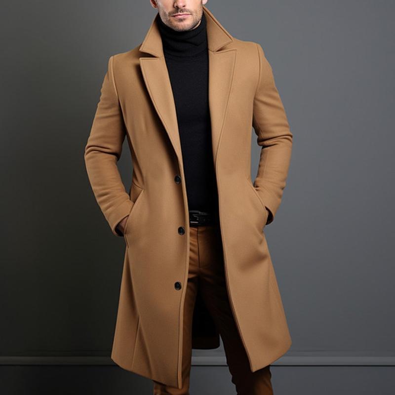 H&L Men's Solid Notch Lapel Single-breasted Mid-length Coat