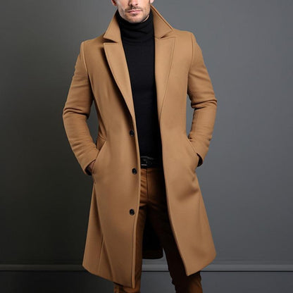 H&L Men's Solid Notch Lapel Single-breasted Mid-length Coat