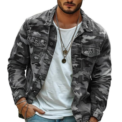 H&L Men's Camouflage Canvas Retro Wear Lapel Jacket