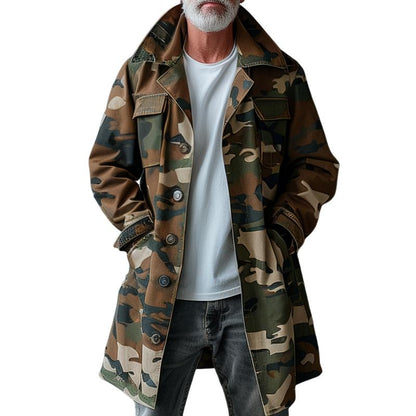 H&L Men's Camouflage Lapel Breast Pocket Single Breasted Mid-length Cargo Trench Coat