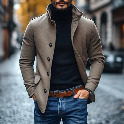 H&L Men's Casual Wool Blend Lapel Single-breasted Slim Short Coat