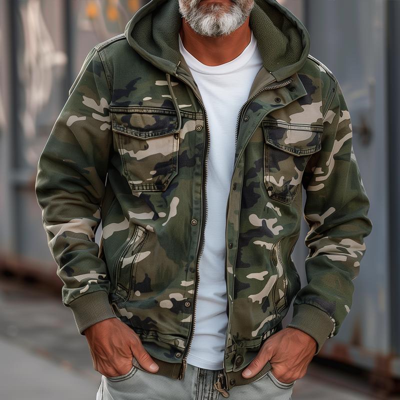 H&L Men's Camouflage Hooded Multi-pocket Zip Cargo Jacket