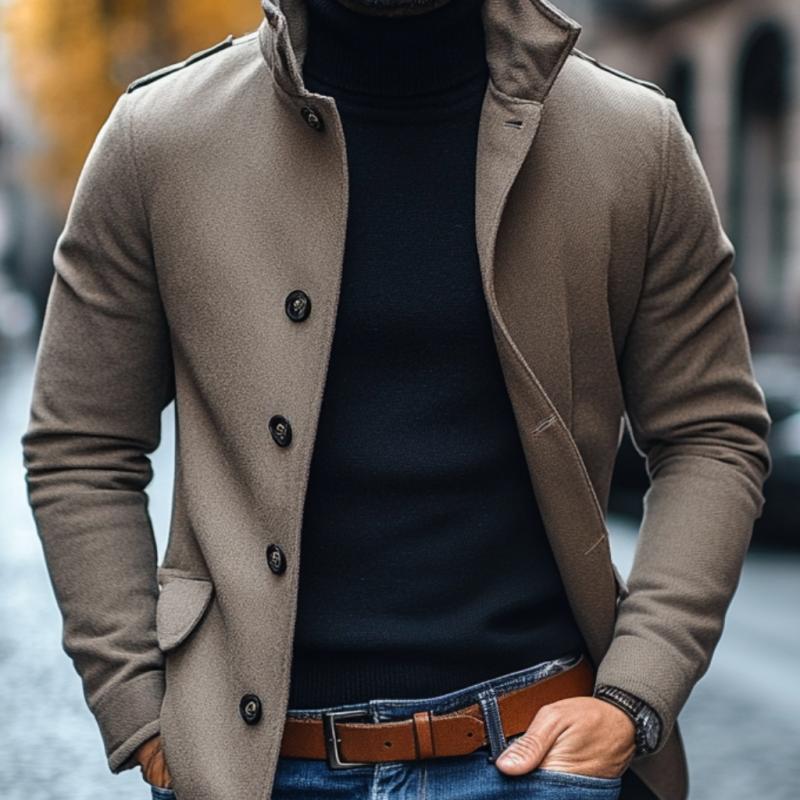 H&L Men's Casual Wool Blend Lapel Single-breasted Slim Short Coat