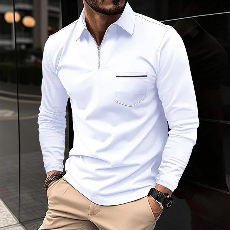 H&L Men's Solid Zipper Lapel Breast Pocket Long Sleeve Polo Shirt
