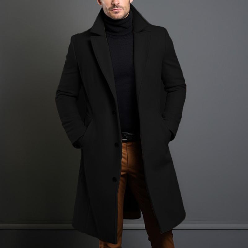 H&L Men's Solid Notch Lapel Single-breasted Mid-length Coat