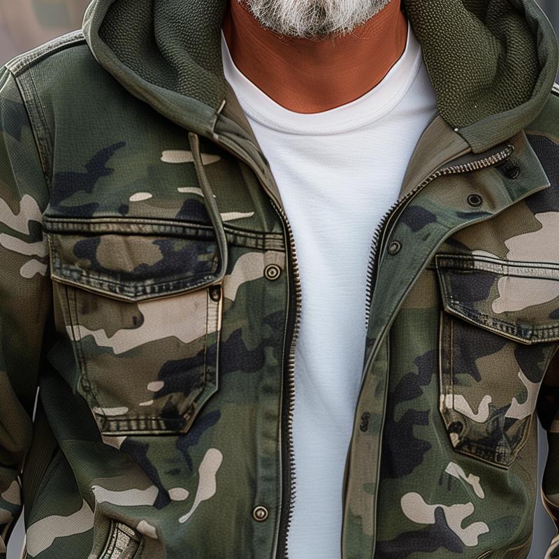 H&L Men's Camouflage Hooded Multi-pocket Zip Cargo Jacket