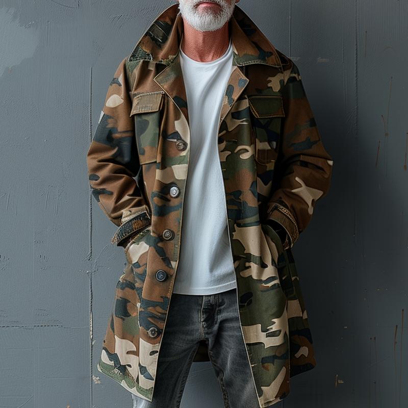 H&L Men's Camouflage Lapel Breast Pocket Single Breasted Mid-length Cargo Trench Coat