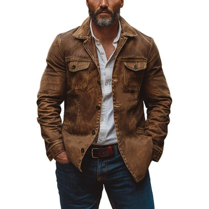 H&L Men's Vintage Heavy Washed Leather Lapel Single Breasted Multi-Pocket Work Jacket