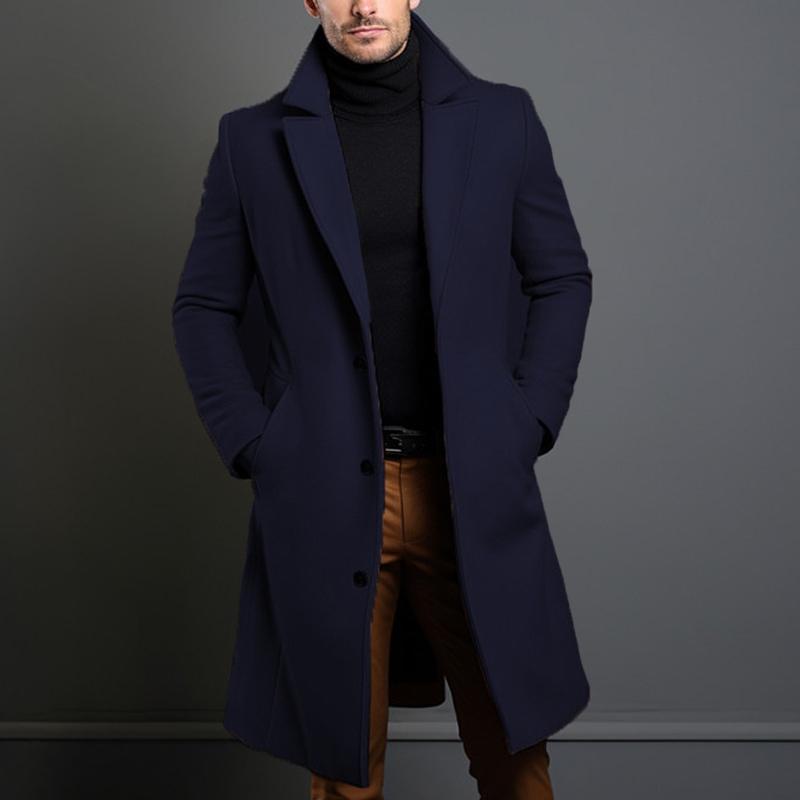 H&L Men's Solid Notch Lapel Single-breasted Mid-length Coat