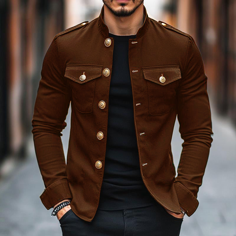 H&L Men's Vintage Casual Solid Stand Collar Button Jacket