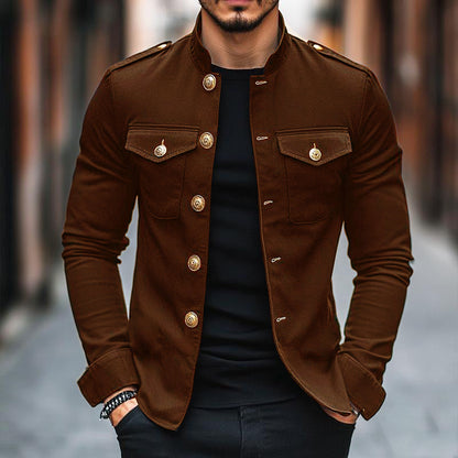 H&L Men's Vintage Casual Solid Stand Collar Button Jacket